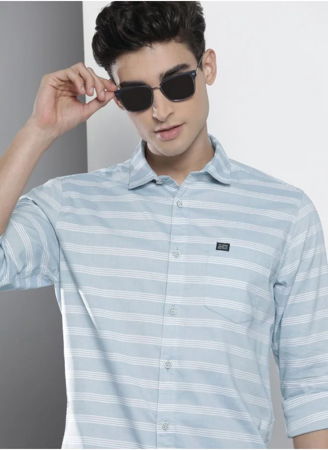 شركة المرآب الهندية Men Slim Fit Striped Full Sleeves Cutaway Collar Casual Shirt