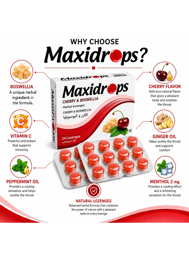 Maxidrops Cherry & Boswellia Lozenges with Vitamin C, Menthol, Peppermint & Ginger Oils – 24 Lozenges, 62 g - Image 3