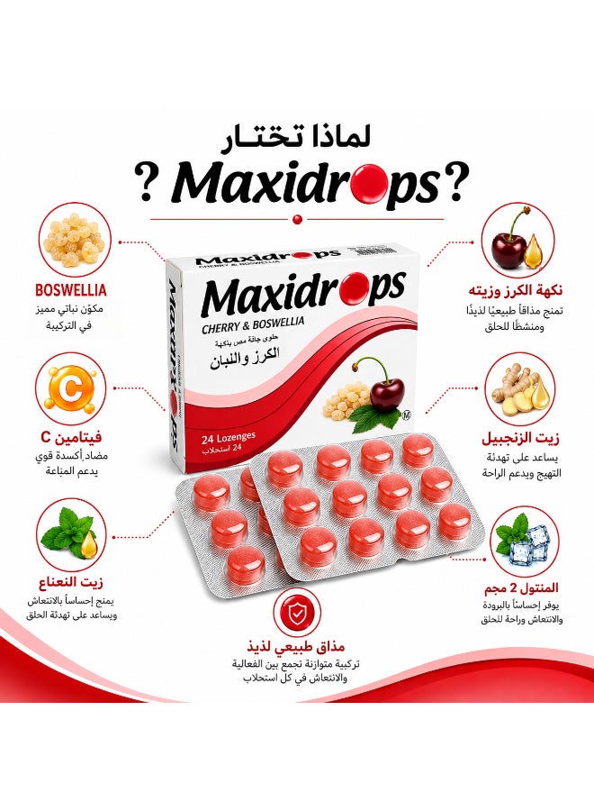 Maxidrops Cherry & Boswellia Lozenges with Vitamin C, Menthol, Peppermint & Ginger Oils – 24 Lozenges, 62 g - Image 2