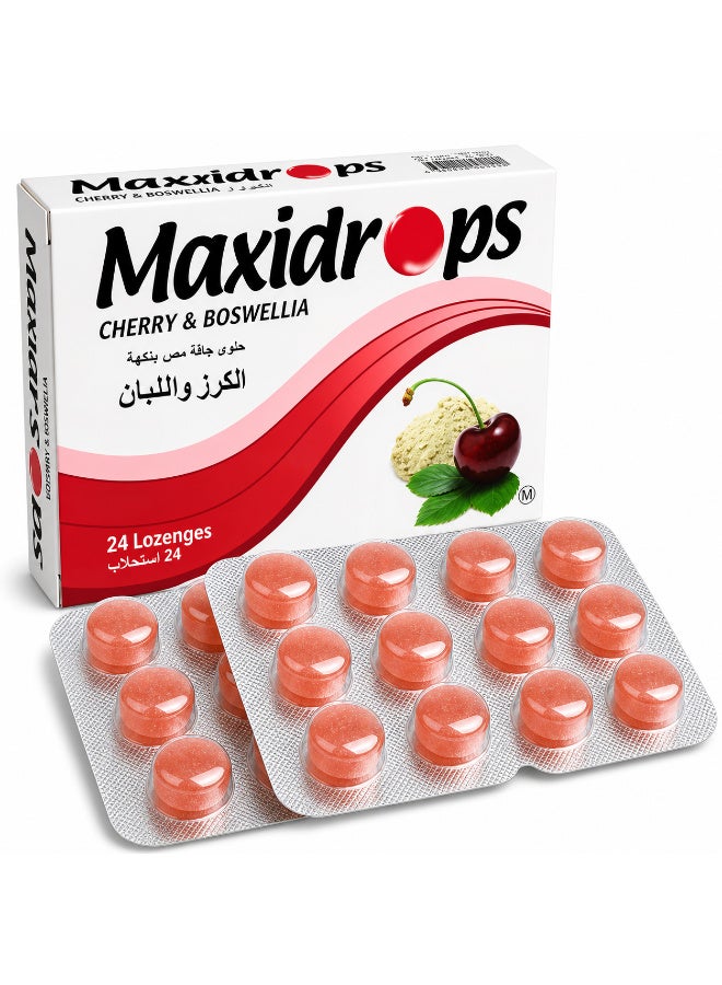 Maxidrops Cherry & Boswellia Lozenges with Vitamin C, Menthol, Peppermint & Ginger Oils – 24 Lozenges, 62 g - Image 1