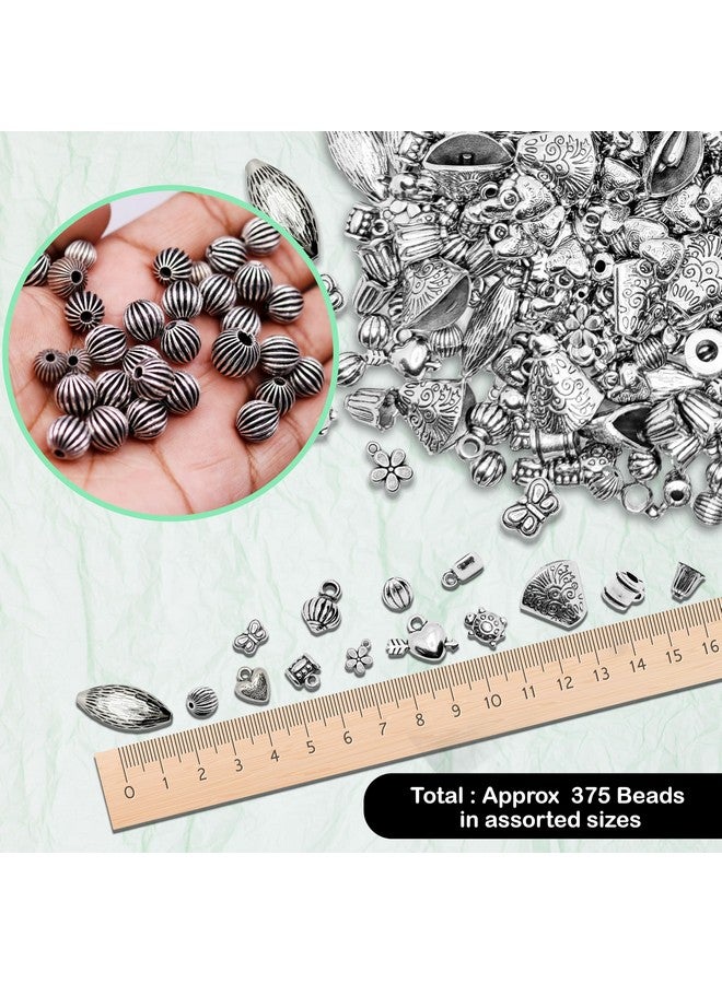 INDIKONB Antique Silver Beads - Assorted Sizes Mixed Pack for Crafting and Jewelry Making - Approx 375 Assorted Plastic Beads - Image 2