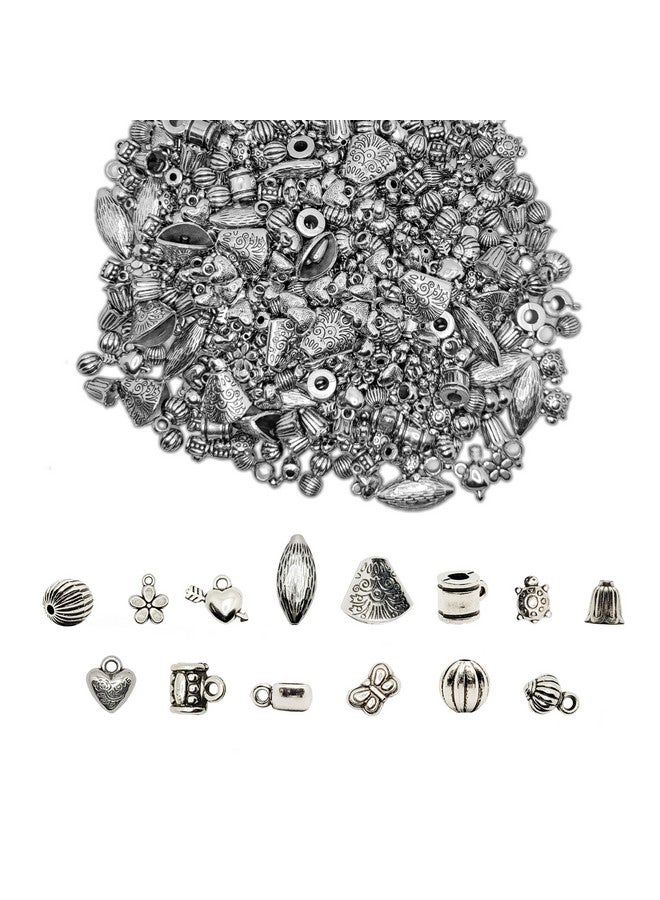 INDIKONB Antique Silver Beads - Assorted Sizes Mixed Pack for Crafting and Jewelry Making - Approx 375 Assorted Plastic Beads - Image 1