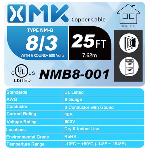 XMK NM-B 8/3 Wire with Ground,25FT 8/3 8 Gauge Wire Copper 8 AWG 3 Conductor PVC Non-Metallic Sheathed 8/3 W/G NMB Cable Stranded Indoor Residential Electrical Wiring for Branch Circuit Switches&Outlets - Image 2