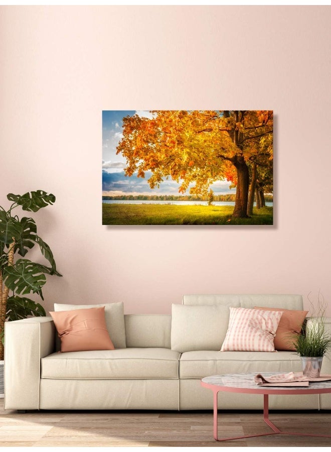 999Store Printed Autumn Yellow Leaves Trees and River Painting Wall Art (Canvas_18X30 Inches_Multi) - Image 1