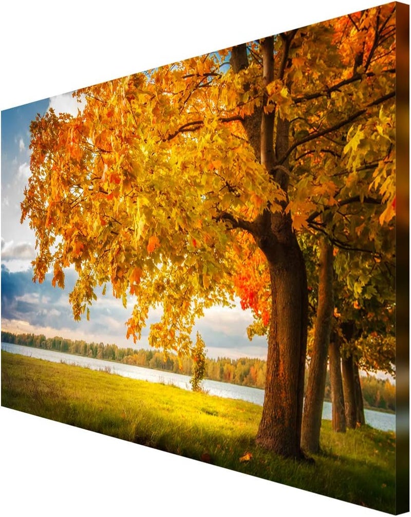 999Store Printed Autumn Yellow Leaves Trees and River Painting Wall Art (Canvas_18X30 Inches_Multi) - Image 3