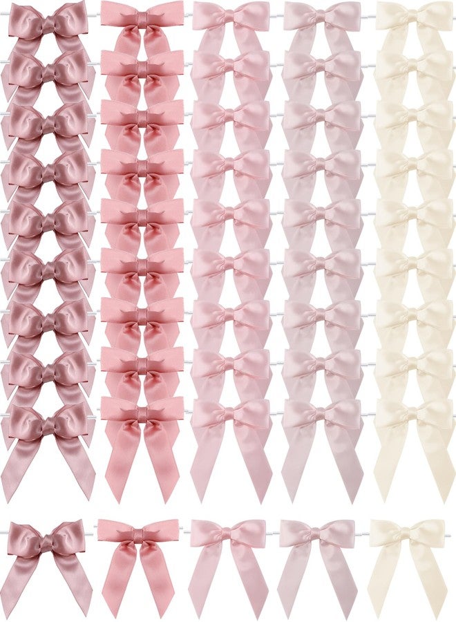 Loccmat 50 Pcs Twist Tie Bows, 3.5 Inch Satin Ribbon Bows,Dusty Rose Bow for Gift Wrapping, Pretied Premade Craft Bow for Treat Bags, Wedding Decor, Birthday, Bridal Shower Favors, 5 Colors - Image 1
