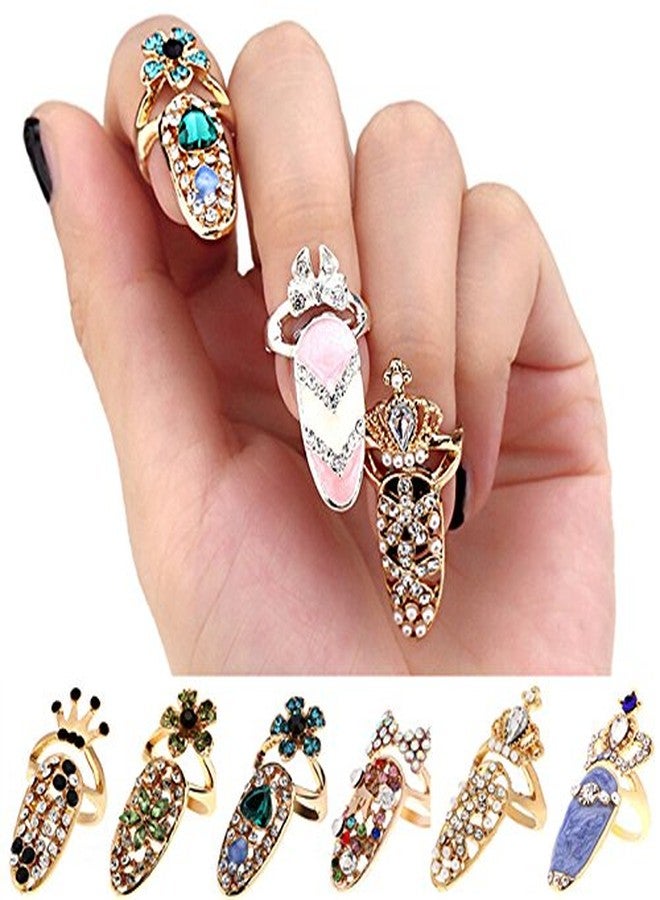 CosCosX 12 Pcs Women Luxury Fingernails Ring Fashion Bowknot Knuckle Nail Ring Decoration Tip Nail Art Charm Crown Flower Crystal Rhinestone Finger Nail Rings - Image 4