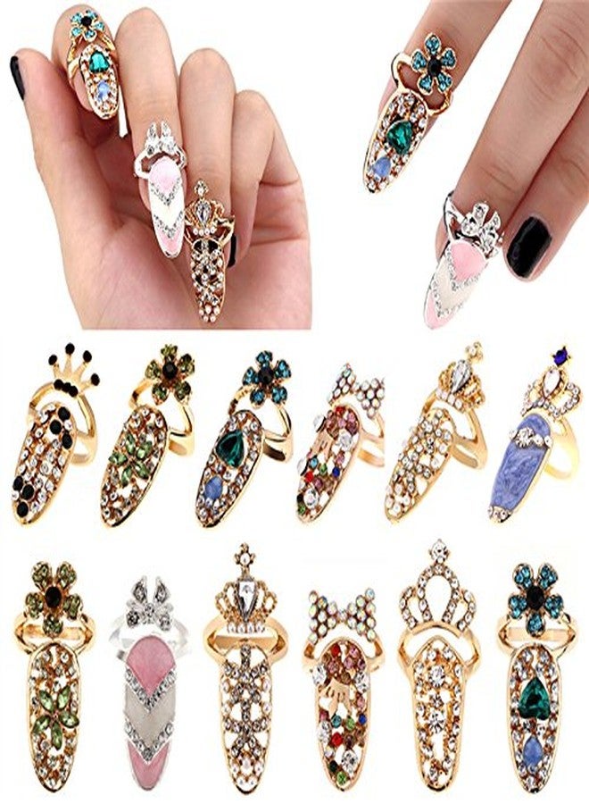 CosCosX 12 Pcs Women Luxury Fingernails Ring Fashion Bowknot Knuckle Nail Ring Decoration Tip Nail Art Charm Crown Flower Crystal Rhinestone Finger Nail Rings - Image 2