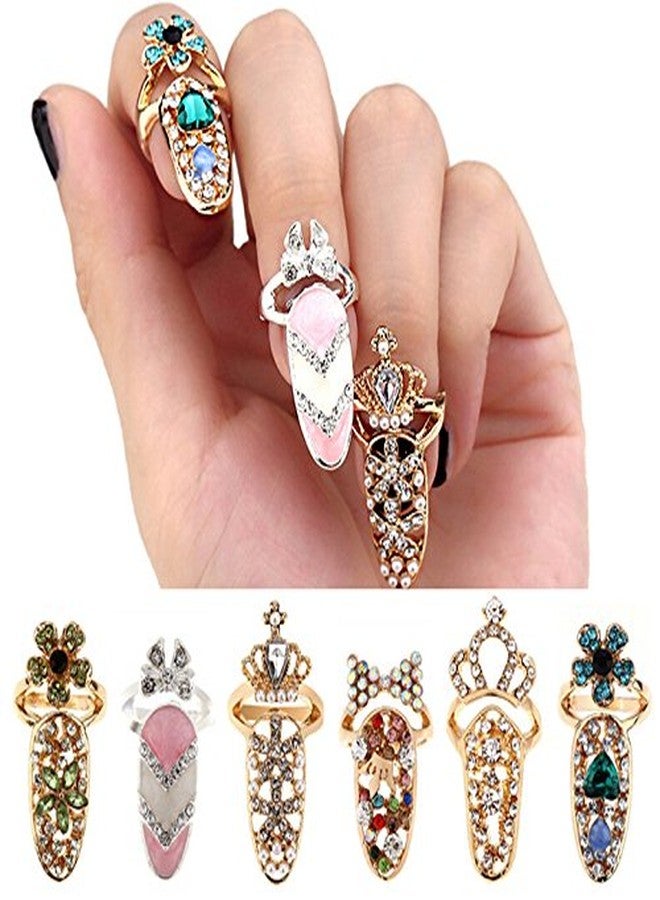 CosCosX 12 Pcs Women Luxury Fingernails Ring Fashion Bowknot Knuckle Nail Ring Decoration Tip Nail Art Charm Crown Flower Crystal Rhinestone Finger Nail Rings - Image 3