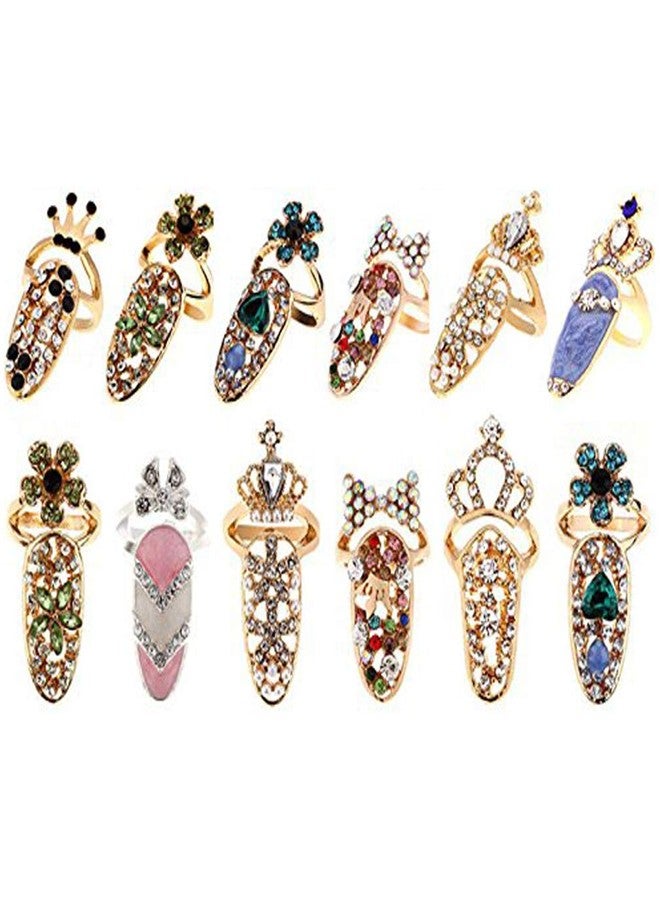 CosCosX 12 Pcs Women Luxury Fingernails Ring Fashion Bowknot Knuckle Nail Ring Decoration Tip Nail Art Charm Crown Flower Crystal Rhinestone Finger Nail Rings - Image 1