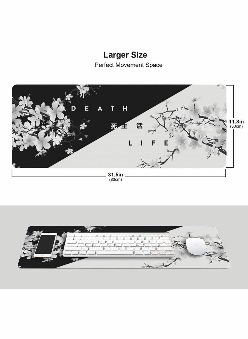 Extended Large Black and White Cherry Blossom Gaming Mouse Pad, Stitched Edges, Non,Slip Rubber Base, Perfect for Desk Setup, 31.5x11.8 Inch - Image 4
