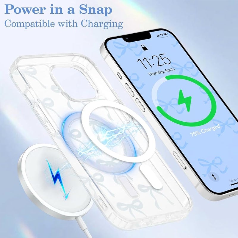 Magnetic Case for iPhone 13/iPhone 14, Cute Silicone Tansparent Mobile Phone Case with Bow Protective Case with Wireless Charging, Soft Bumper Cover Case for Women Girls, Blue - Image 4
