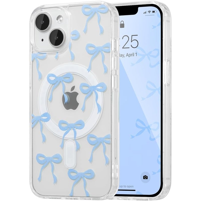 Magnetic Case for iPhone 13/iPhone 14, Cute Silicone Tansparent Mobile Phone Case with Bow Protective Case with Wireless Charging, Soft Bumper Cover Case for Women Girls, Blue - Image 1