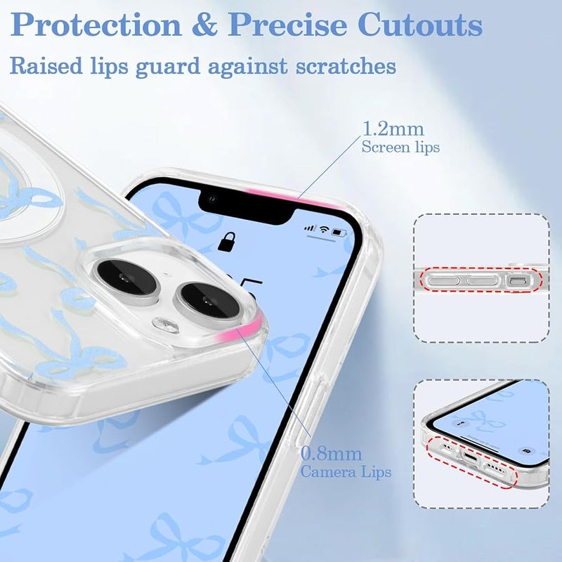 Magnetic Case for iPhone 13/iPhone 14, Cute Silicone Tansparent Mobile Phone Case with Bow Protective Case with Wireless Charging, Soft Bumper Cover Case for Women Girls, Blue - Image 3