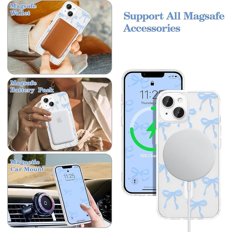 Magnetic Case for iPhone 13/iPhone 14, Cute Silicone Tansparent Mobile Phone Case with Bow Protective Case with Wireless Charging, Soft Bumper Cover Case for Women Girls, Blue - Image 2
