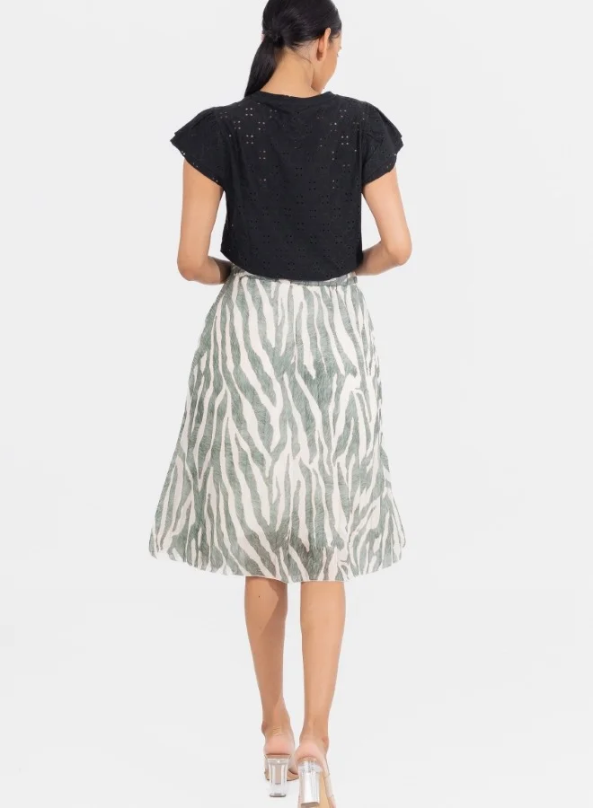 HaILYS Green and White Zebra Print Midi Skirt - High-Waisted A-Line Skirt