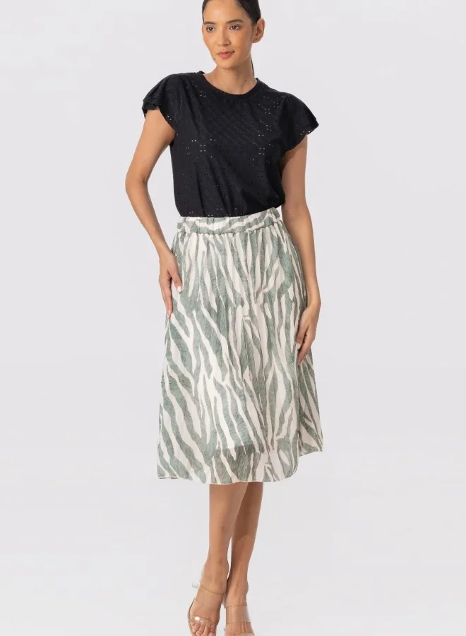 HaILYS Green and White Zebra Print Midi Skirt - High-Waisted A-Line Skirt