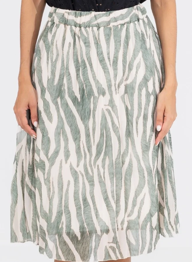 HaILYS Green and White Zebra Print Midi Skirt - High-Waisted A-Line Skirt