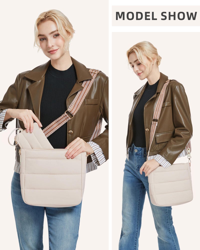 BAVERGE Purses for Women 2PCS Puffer Quilted Crossbody Shoulder Hobo Bags Trendy Ladies Handbag with Coin Wallet 2 Adjustable Straps Beige - Image 2
