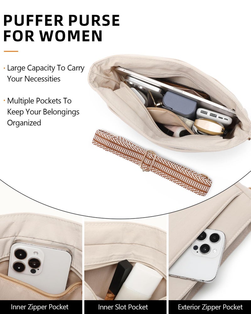 BAVERGE Purses for Women 2PCS Puffer Quilted Crossbody Shoulder Hobo Bags Trendy Ladies Handbag with Coin Wallet 2 Adjustable Straps Beige - Image 4