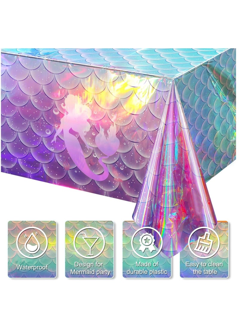 Disposable Tablecloths,Mermaid Iridescence Plastic Laser Table Cloths Holographic Foil Table Cover for Girls Birthday Wedding Disco Holiday Mermaid Themed Party Decorations 54 x108 inch 3Pcs - Image 2