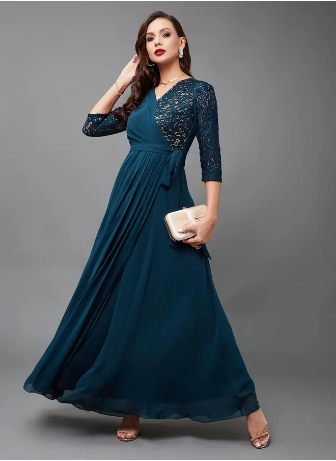 ستايلي Lace Insert Wrap Maxi Dress with Waist Tie-Up