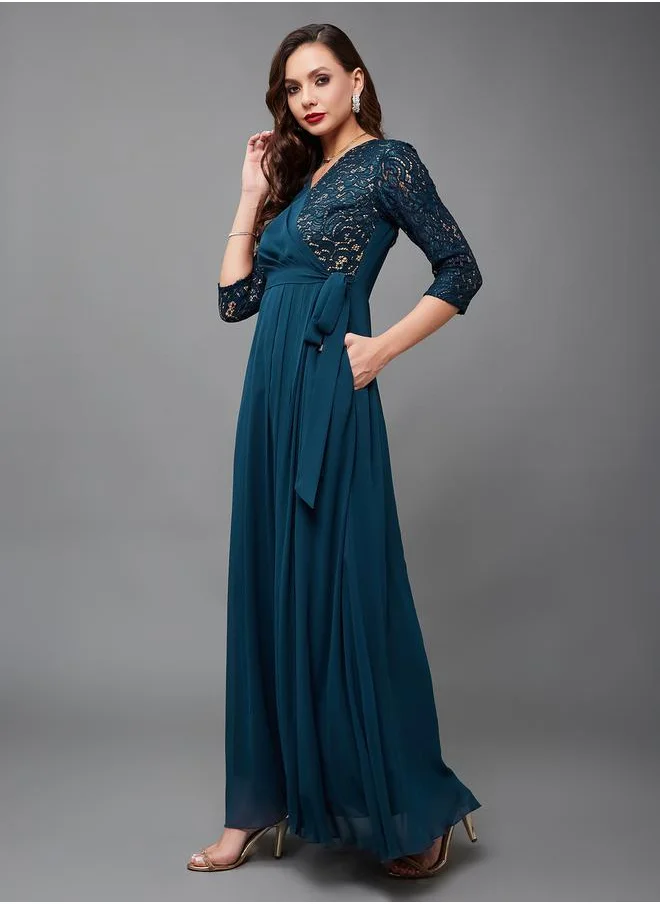 ستايلي Lace Insert Wrap Maxi Dress with Waist Tie-Up