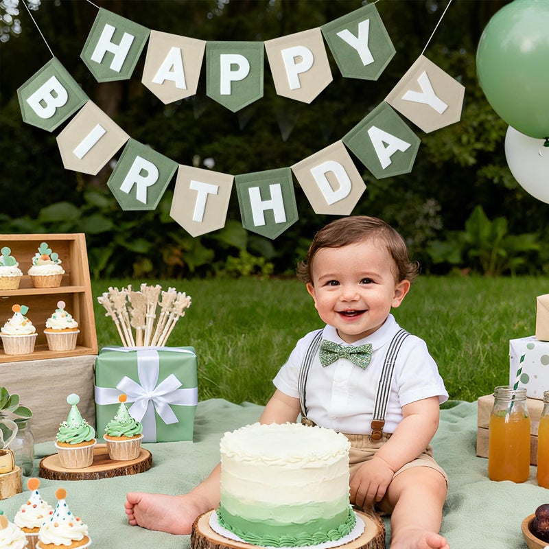 HODIHIWI Felt Green Khaki Happy Birthday Banner Pastel Wild One Birthday Decorations for Women Girls Boys Men Pets Handmade Party Backdrop - Image 3