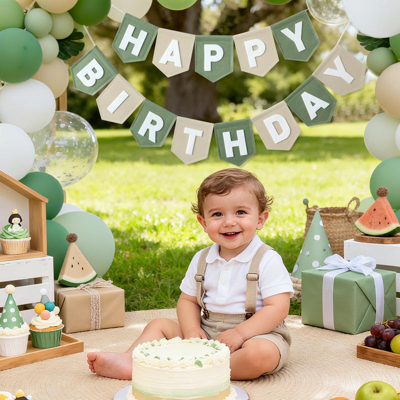 HODIHIWI Felt Green Khaki Happy Birthday Banner Pastel Wild One Birthday Decorations for Women Girls Boys Men Pets Handmade Party Backdrop - Image 4
