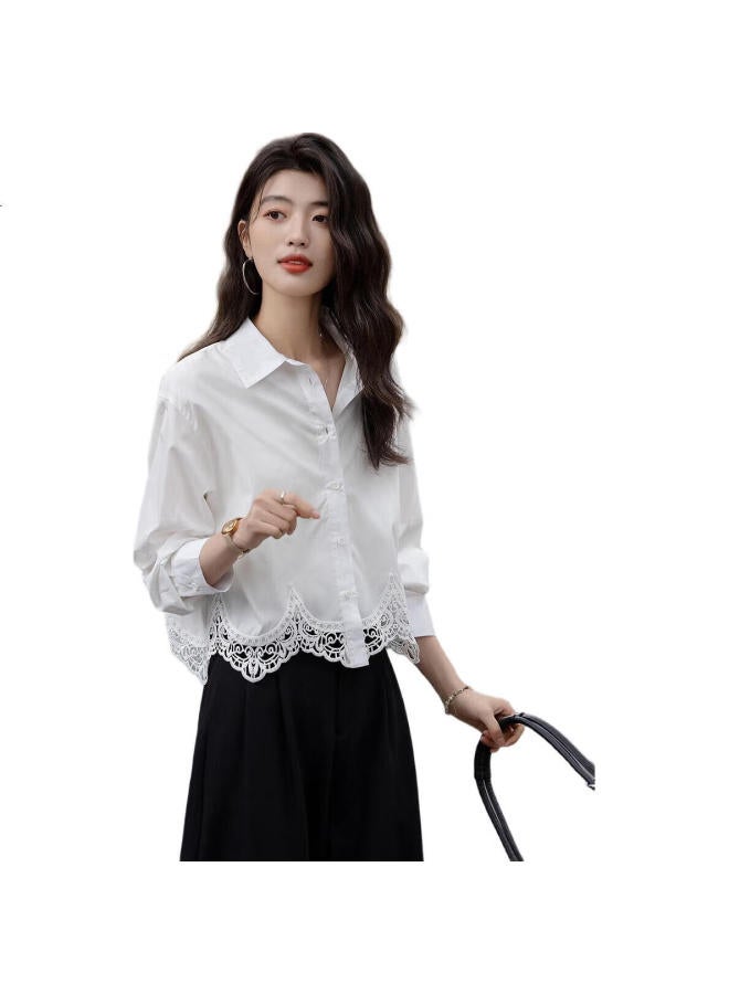 dme Nocturne】Autumn Gentle Pure Cotton Shirt Turn-Down Collar Lace Trim Patchwork Short Blouse Women'S Top - Image 3