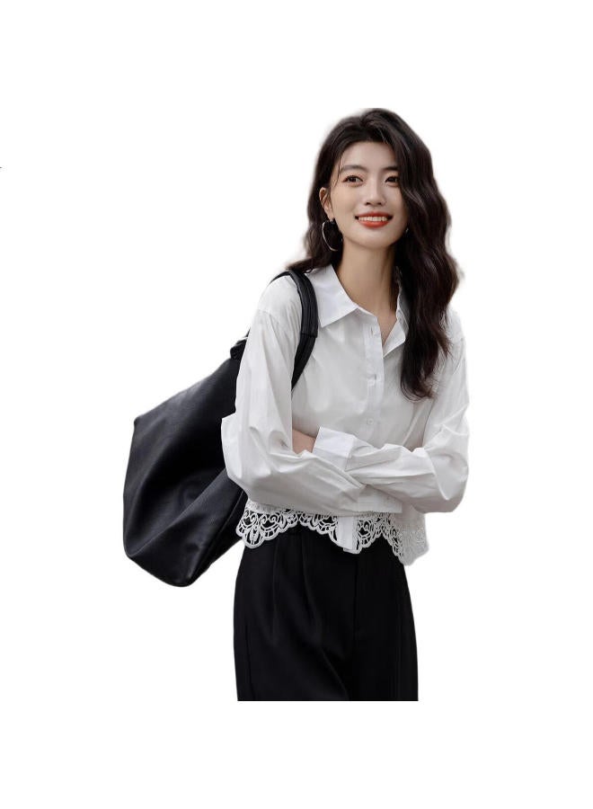 dme Nocturne】Autumn Gentle Pure Cotton Shirt Turn-Down Collar Lace Trim Patchwork Short Blouse Women'S Top - Image 1