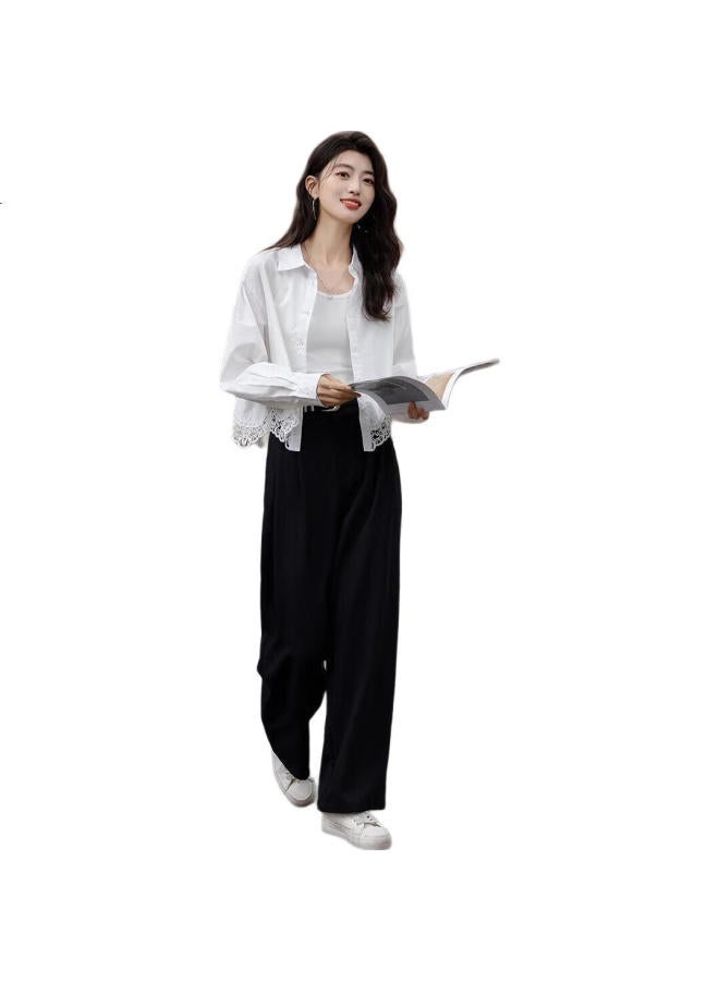 dme Nocturne】Autumn Gentle Pure Cotton Shirt Turn-Down Collar Lace Trim Patchwork Short Blouse Women'S Top - Image 2