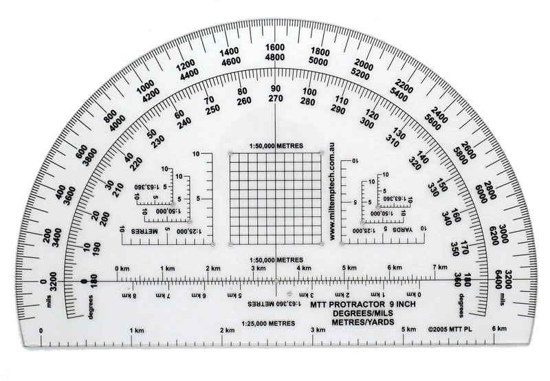 MTT PL Military Protractor 9 Inch — Degrees & Mils, Meters & Yards | Large Semi-Circular | 1:25,000–1:100,000 | 1.5mm PETG | Made in Australia - Image 2