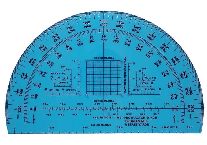 MTT PL Military Protractor 9 Inch — Degrees & Mils, Meters & Yards | Large Semi-Circular | 1:25,000–1:100,000 | 1.5mm PETG | Made in Australia - Image 1