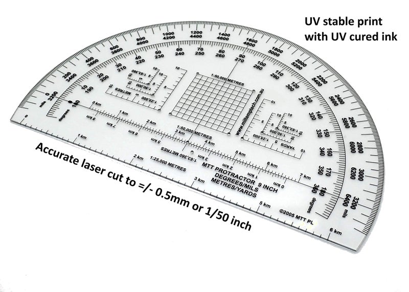 MTT PL Military Protractor 9 Inch — Degrees & Mils, Meters & Yards | Large Semi-Circular | 1:25,000–1:100,000 | 1.5mm PETG | Made in Australia - Image 4