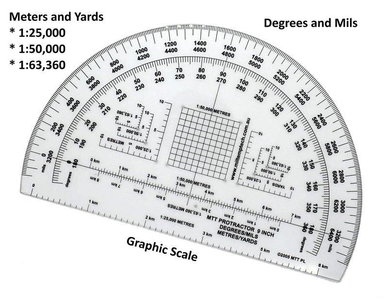 MTT PL Military Protractor 9 Inch — Degrees & Mils, Meters & Yards | Large Semi-Circular | 1:25,000–1:100,000 | 1.5mm PETG | Made in Australia - Image 3