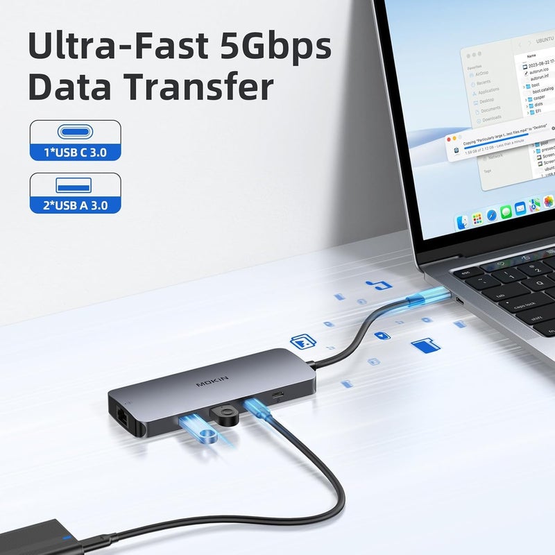 Mokin USB C Docking Station 3 Monitors,USB C Docking Station with 2 HDMI, 4K DisplayPort, 1Gbps Ethernet, 100W PD Charging, 3 USB A/C 3.0,Multiport Adapter for Dell XPS/HP/Lenovo/Surface - Image 5
