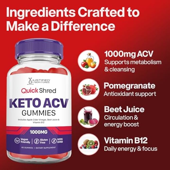 Justified Laboratories جيستيفيد لابوراتوريز كويك شريد كيتو ACV جوميز تركيبة متقدمة 1000 ملغ من جوميز خل التفاح مع مسحوق عصير الرمان والبنجر وفيتامين B12 نباتي، غير معدل وراثيًا 60 جوميز - Image 3