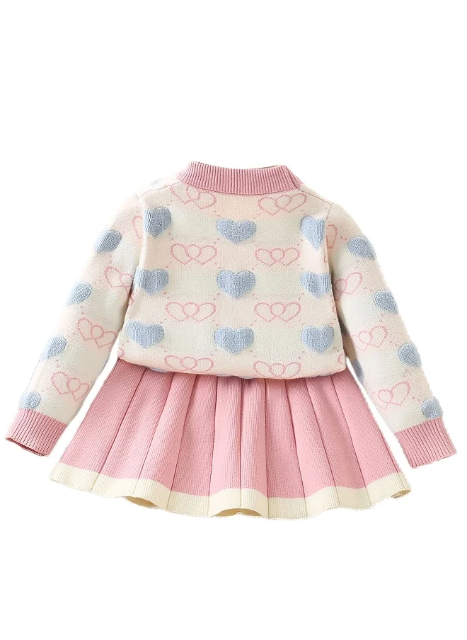 LITTLE SURPRISE BOX Box Pink Mini Hearts Patterned 2 pcs sweatshirt & Skirt Winterwear set for Girls-3-4Y