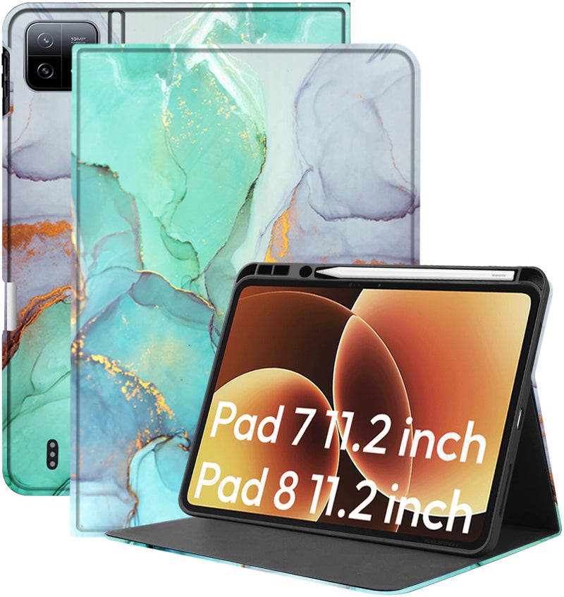 Robustrion Cover for Xiaomi Pad 8/8 Pro/Xiaomi Pad 7/7 Pro Cover Case with [Pencil Holder], Folio Flip Cover with Tablet [Auto Sleep Wake] - Marble Green - Image 1
