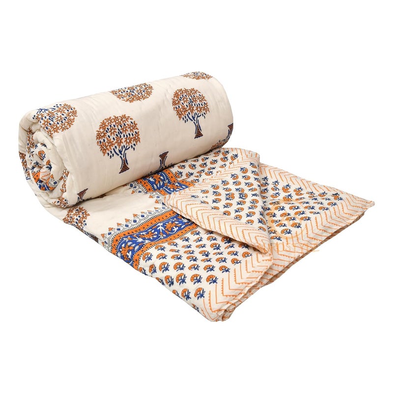 WORLDNEX 400 TC Jaipuri Light Weight Pure Cotton Traditional Hand Block Big Flower Print Double Bed QuiltRazaiRajai White Yellow 90 x 105 Inches Double Bed - Image 1