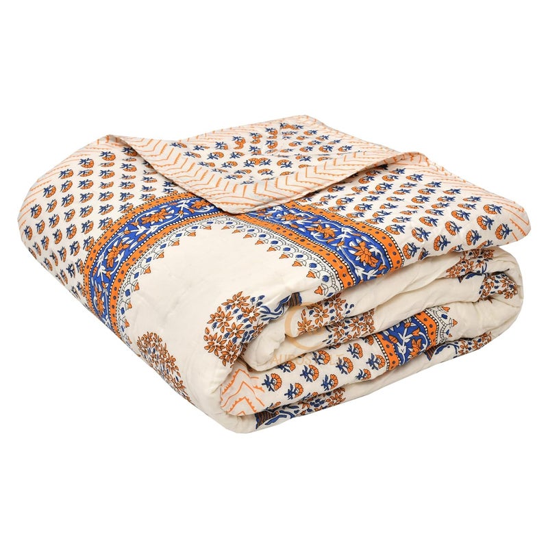 WORLDNEX 400 TC Jaipuri Light Weight Pure Cotton Traditional Hand Block Big Flower Print Double Bed QuiltRazaiRajai White Yellow 90 x 105 Inches Double Bed - Image 2
