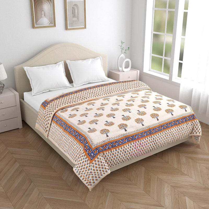 WORLDNEX 400 TC Jaipuri Light Weight Pure Cotton Traditional Hand Block Big Flower Print Double Bed QuiltRazaiRajai White Yellow 90 x 105 Inches Double Bed - Image 4