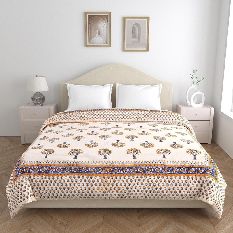 WORLDNEX 400 TC Jaipuri Light Weight Pure Cotton Traditional Hand Block Big Flower Print Double Bed QuiltRazaiRajai White Yellow 90 x 105 Inches Double Bed - Image 5