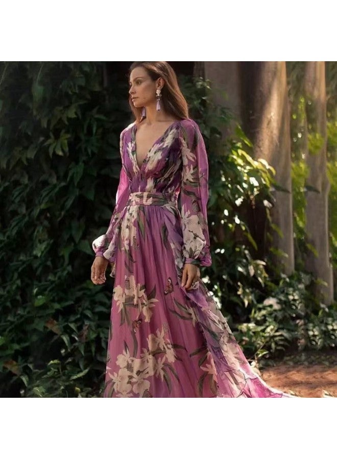 فستان بنفسجي صيفي مطبوع بعنق V بأكمام طويلة متأرجح كبير طويل