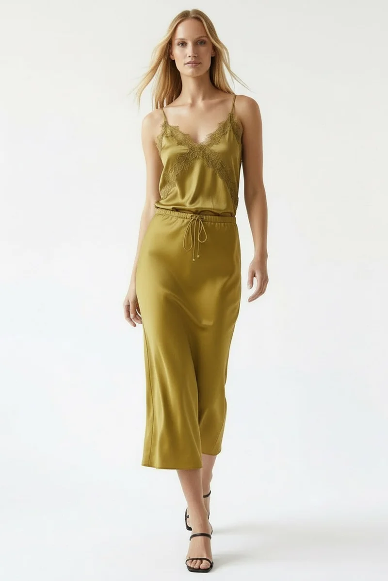 EXQUISE Satin-finish, lace-up, regular weave midi skirt.