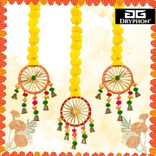 DRYPHON Artificial Marigold Flowers With Pom Pom Ring Bell Hanging Garlands for Home Decoration, Diwali, Wedding, Puja (Pack of 10) - Image 3