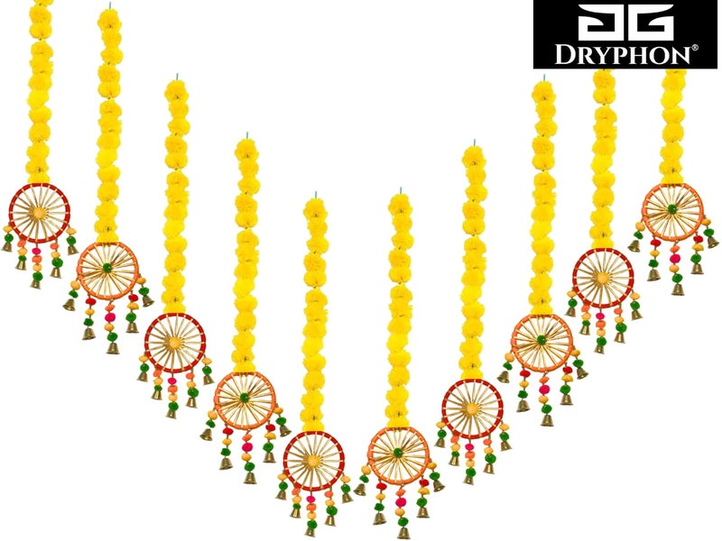 DRYPHON Artificial Marigold Flowers With Pom Pom Ring Bell Hanging Garlands for Home Decoration, Diwali, Wedding, Puja (Pack of 10) - Image 5
