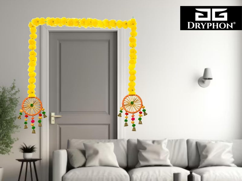 DRYPHON Artificial Marigold Flowers With Pom Pom Ring Bell Hanging Garlands for Home Decoration, Diwali, Wedding, Puja (Pack of 10) - Image 4