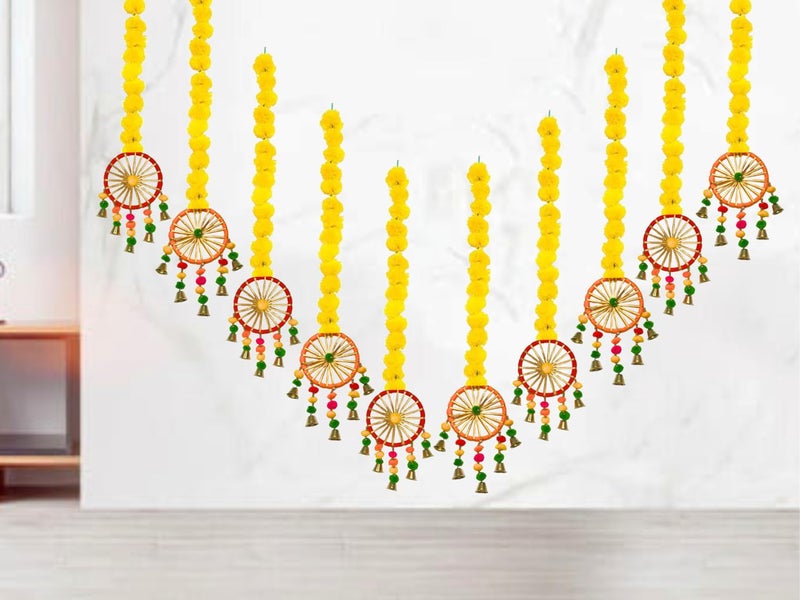 DRYPHON Artificial Marigold Flowers With Pom Pom Ring Bell Hanging Garlands for Home Decoration, Diwali, Wedding, Puja (Pack of 10) - Image 1